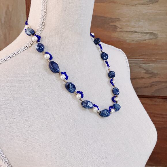 Sodalite Beaded Necklace, 90s Boho Tribal Faux Pearl Gemstone Eclectic Jewelry - Picture 2 of 10